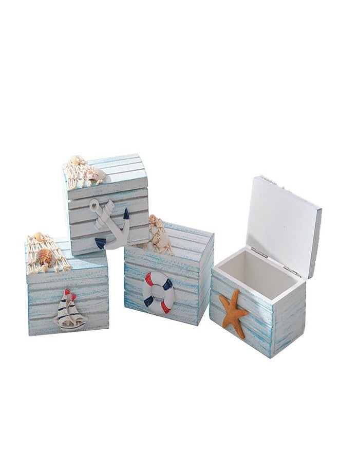 AzsVbvs 4 Pack Wooden Handmade Mini Jewelry Box, Starfish, Anchor, Sailboat, Life Ring Beach Decor Nautical Theme Decoration for Home Office Desk - Image 1